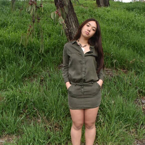 Etienne Marcel Military Style Green Button Up Dress- S - Picture 3 of 8